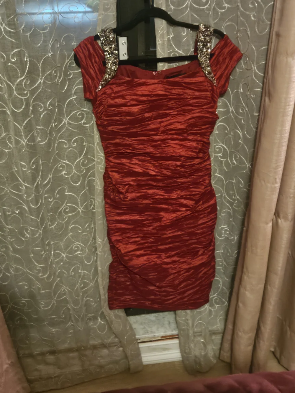Alex Evenings Red Ruched Mini Dress with Jeweled Shoulders - Picture 3 of 16